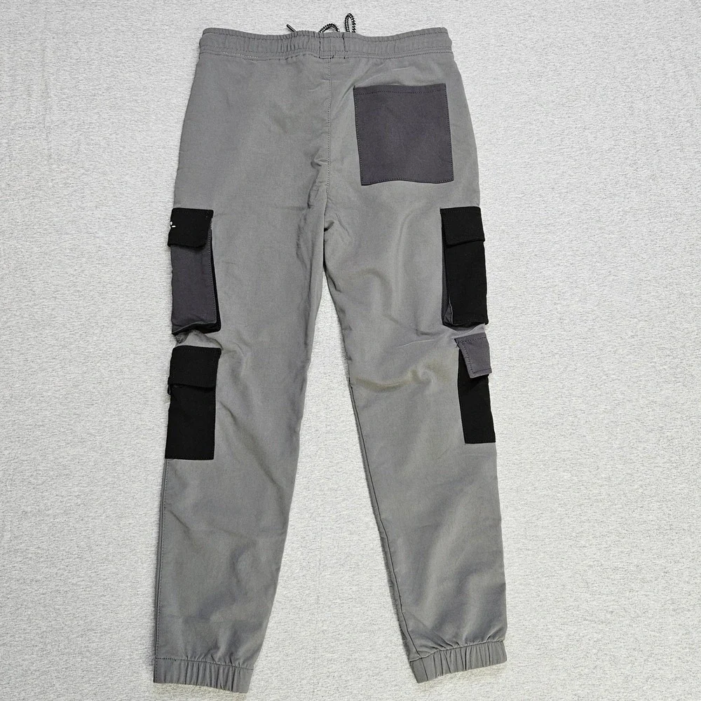 Rock Mens Grey Graphic Cargo Joggers Streetwear Multi Pocket Pants Size M Gym
